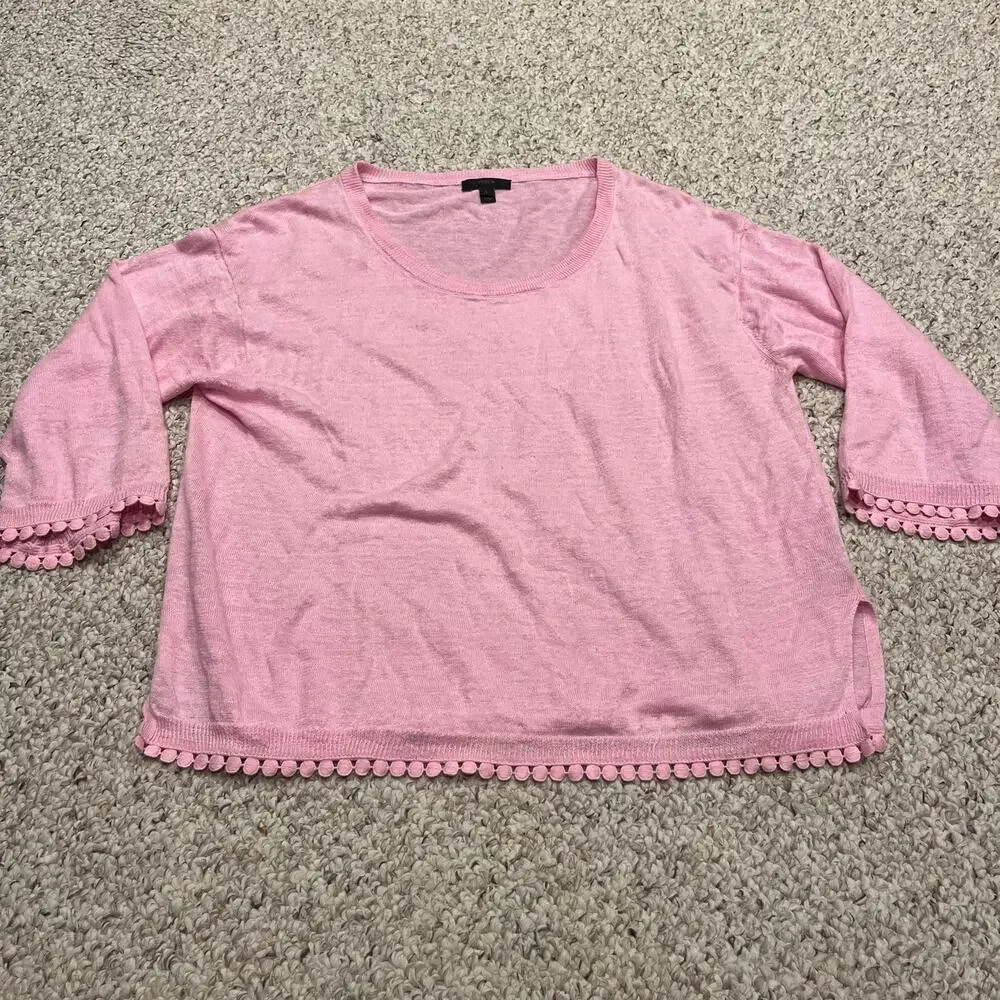 J Crew Linen Sweater Pom Pom Trim Pink L Feminine Lagenlook Coastal Classic